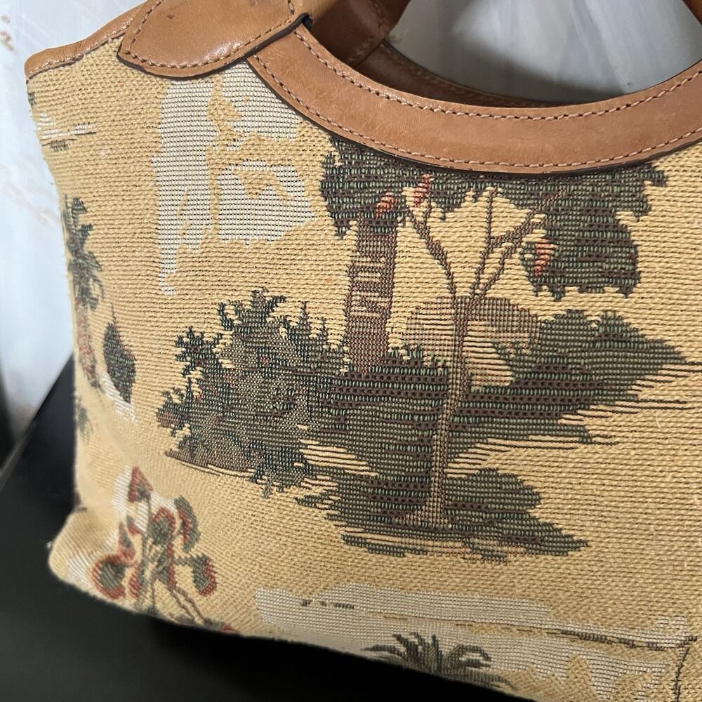 Tommy Bahama Vintage Tapestry Clutch Bag Wooden Handles Palm Print Leather Trim - Picture 5 of 14